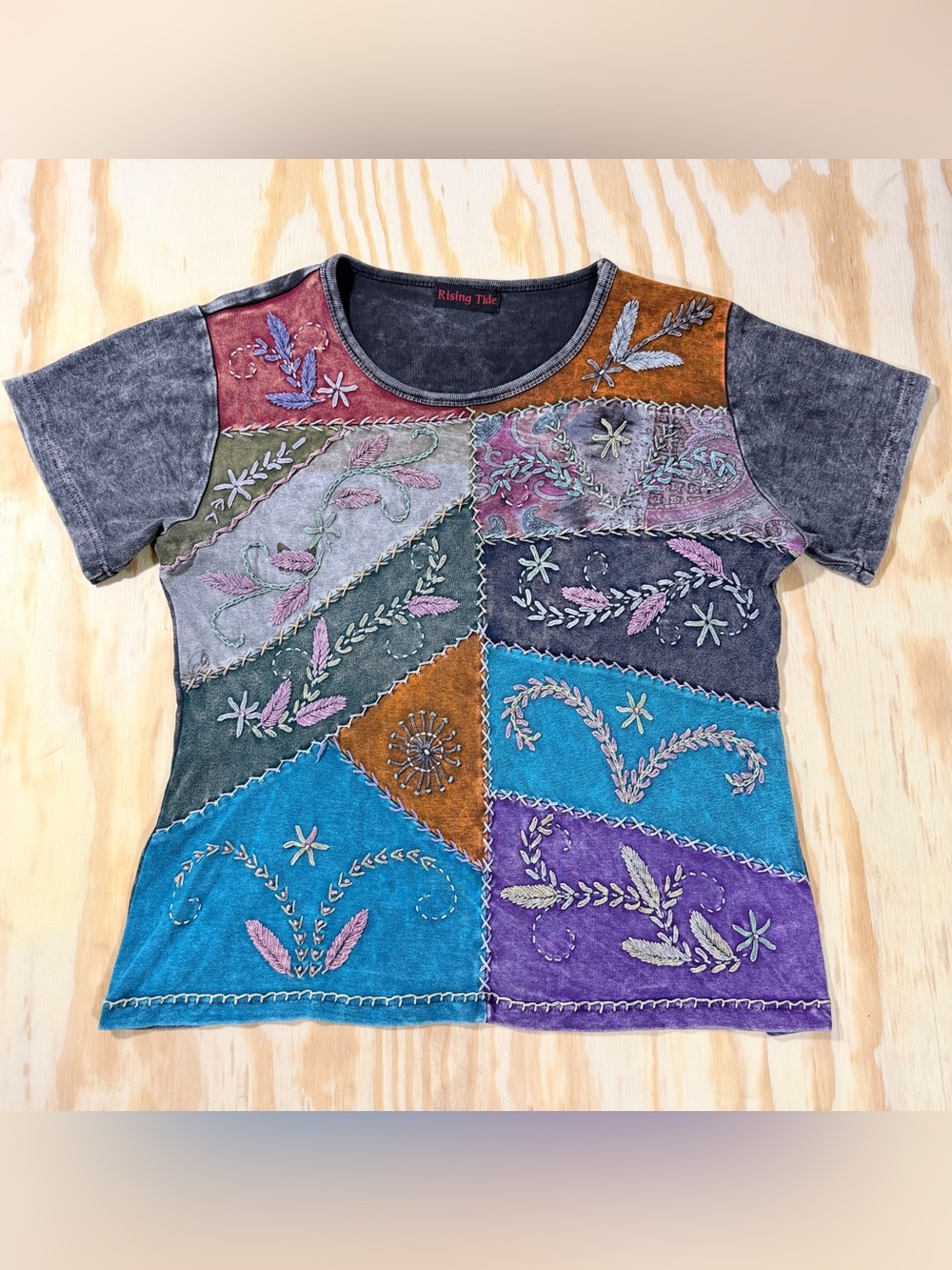 Rising Tide Boho Embroidered Patchwork Shirt M/L Handmade Nepal Cottagecore Top